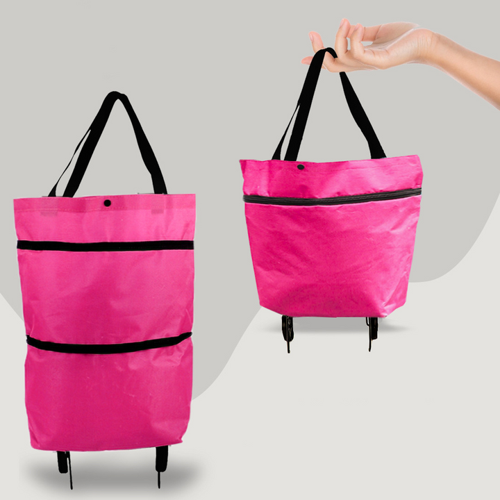 Orange 2-in-1 Einkaufstasche mit Rollen, faltbar für platzsparende Aufbewahrung, leicht & unisex.