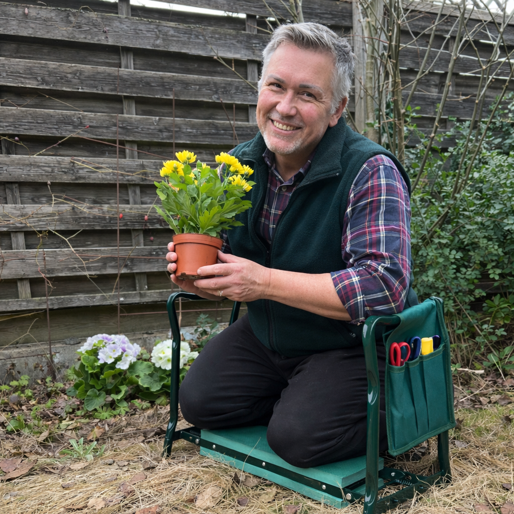 Ergonomischer Gartenkniehocker in Gebrauch; bietet Knieschutz und Komfort bei der Gartenarbeit, ideal für Gärtner.