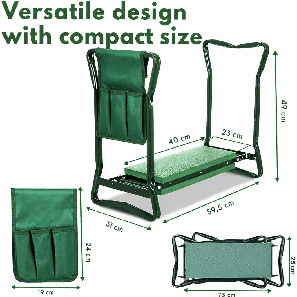 Multifunktionaler Gartenkniehocker & Sitz mit praktischer Werkzeugtasche für Gartengeräte; komfortables Gartenzubehör.