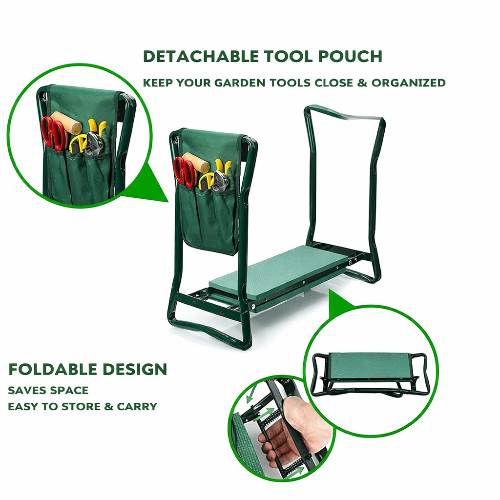 Detailansicht des faltbaren Gartenkniehockers mit robustem Stahlrahmen und weicher Polsterung für optimalen Komfort.