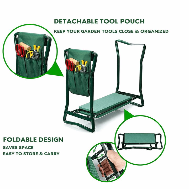 Detailansicht des faltbaren Gartenkniehockers mit robustem Stahlrahmen und weicher Polsterung für optimalen Komfort.