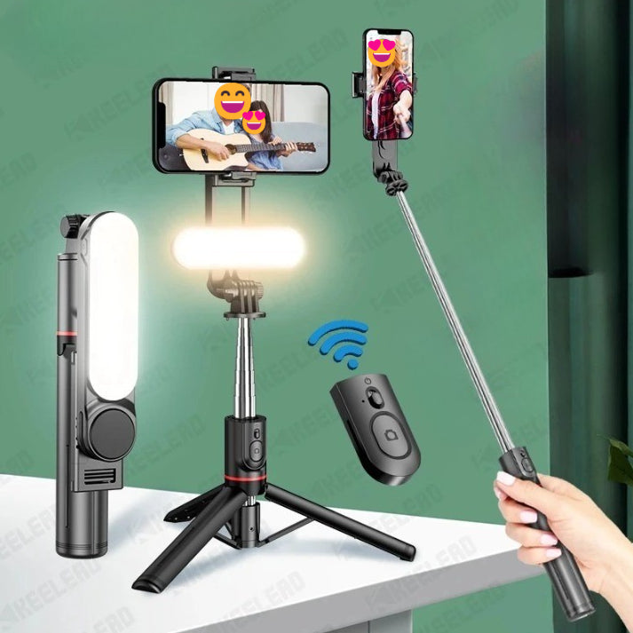 Faltbarer Bluetooth Selfie Stick Stativ mit integrierter LED Beleuchtung für Smartphones, perfekt für Fotografie & Video.