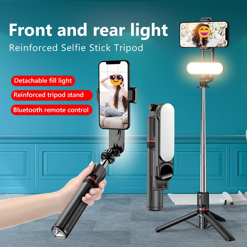 Kompakter faltbarer Selfie Stick Stativ mit Licht für Reisen & Content Creation. Ideal für stabile Smartphone-Aufnahmen.