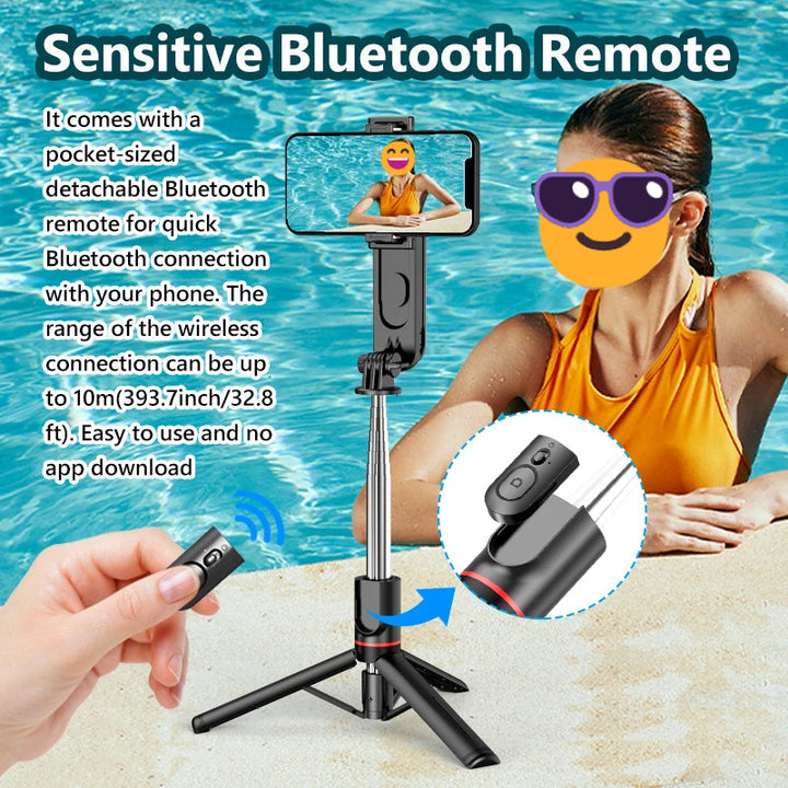 Vielseitiger Selfie Stick & Stativ mit einstellbarer Beleuchtung für Live-Streams, Vlogs und Fotos. Für alle Smartphones.