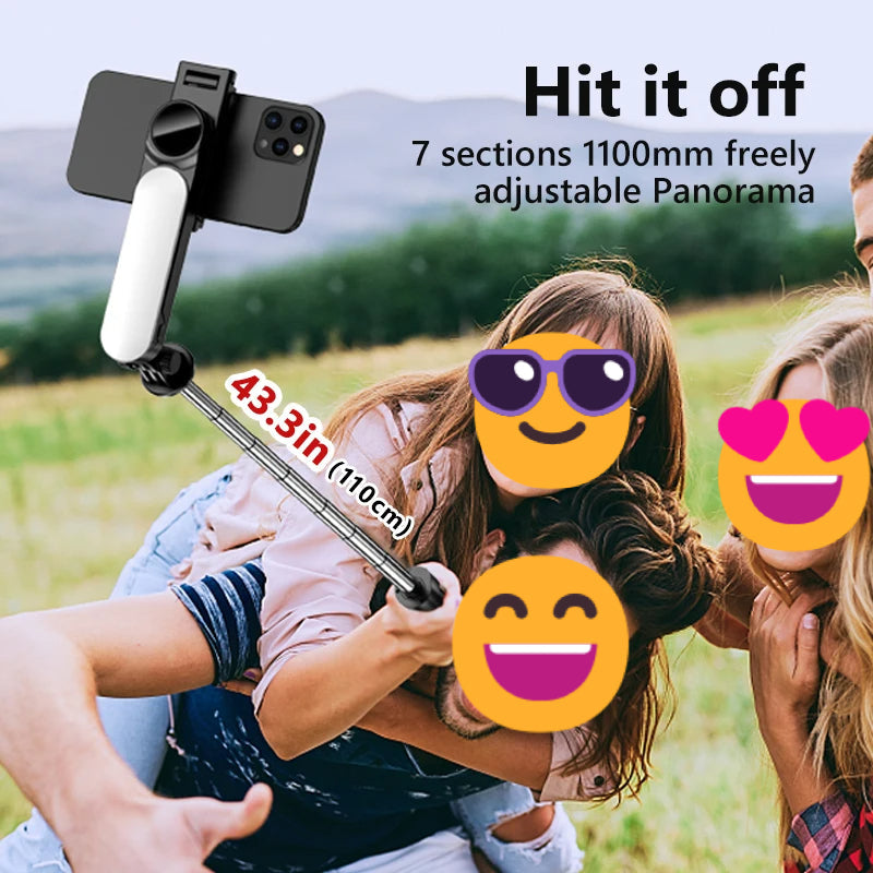 Premium faltbarer Selfie Stick Stativ mit leistungsstarker Beleuchtung & Bluetooth für Content Creator. Freihändige Aufnahmen.