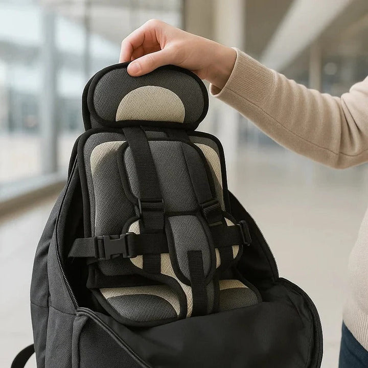 Sicherer Kinder Reisesitz, faltbar & leicht, mit zuverlässigem 5-Punkt-Sicherheitsgurt.