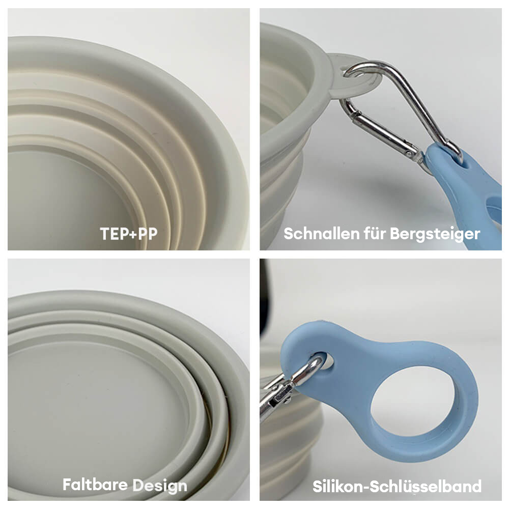Grüner faltbarer Silikon Hundenapf mit Karabiner, praktisch für Outdoor-Abenteuer mit Ihrem Hund.