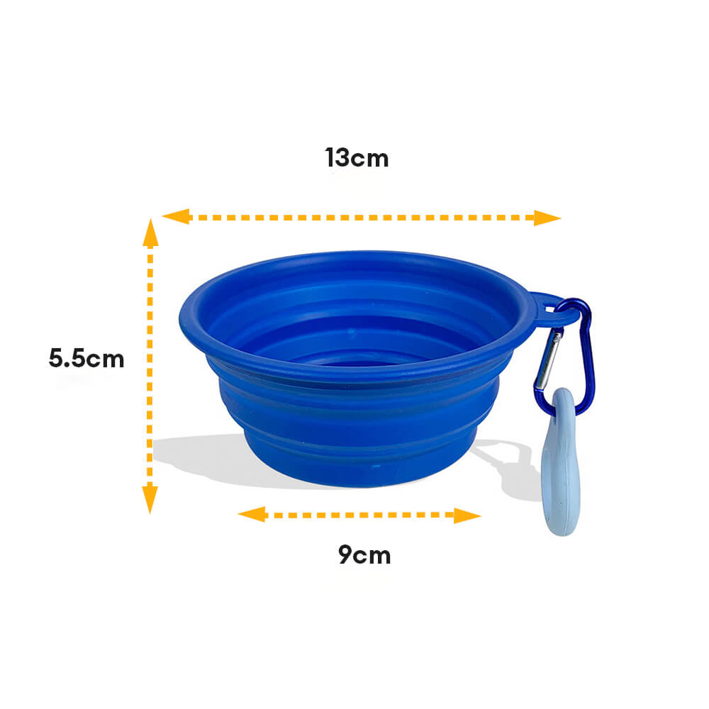 Zwei bunte faltbare Silikon Hundenäpfe, perfekt für Wasser und Futter auf langen Reisen mit Haustieren.