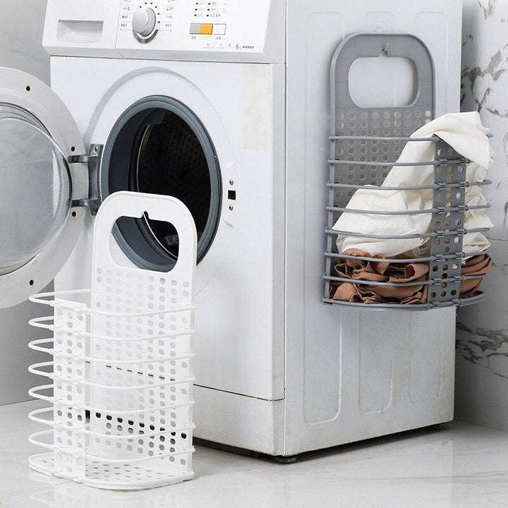Faltbarer Wäschekorb weiß/grau zum Hängen, ideal für Badezimmer, platzsparende Schmutzwäsche-Aufbewahrung.