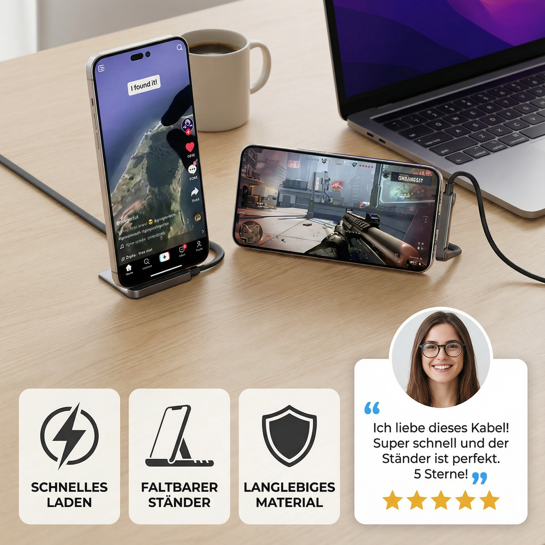 Schnelles USB-C Ladekabel mit Handyhalterung. Ermöglicht effizientes Laden & bequeme Nutzung.