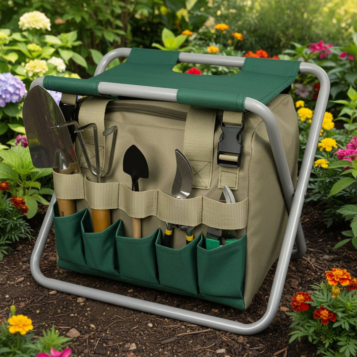 Faltbares Gartengeräte-Set mit Hocker & abnehmbarer Werkzeugtasche für bequeme Gartenarbeit.