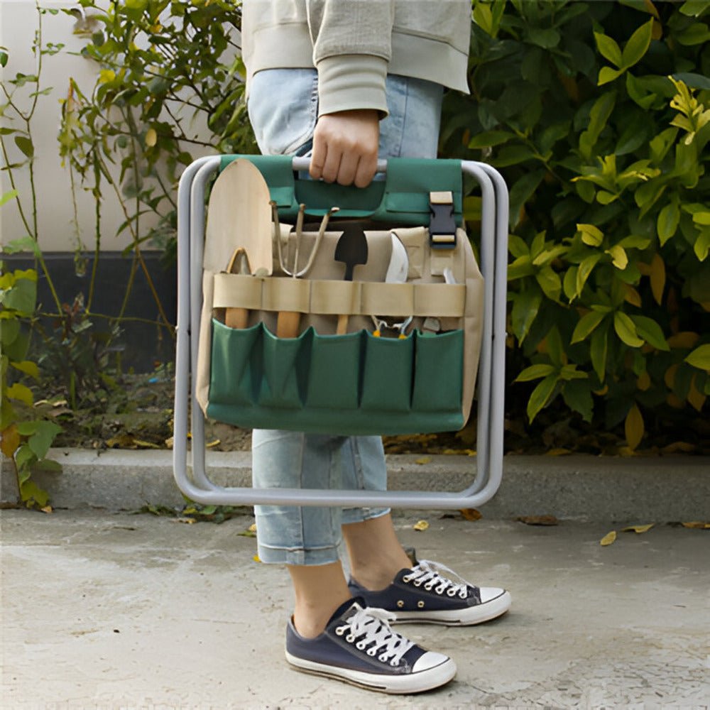 Organisations-Werkzeugtasche für Gartengeräte, abnehmbar vom Hocker, perfekt für Mobil & Balkon.