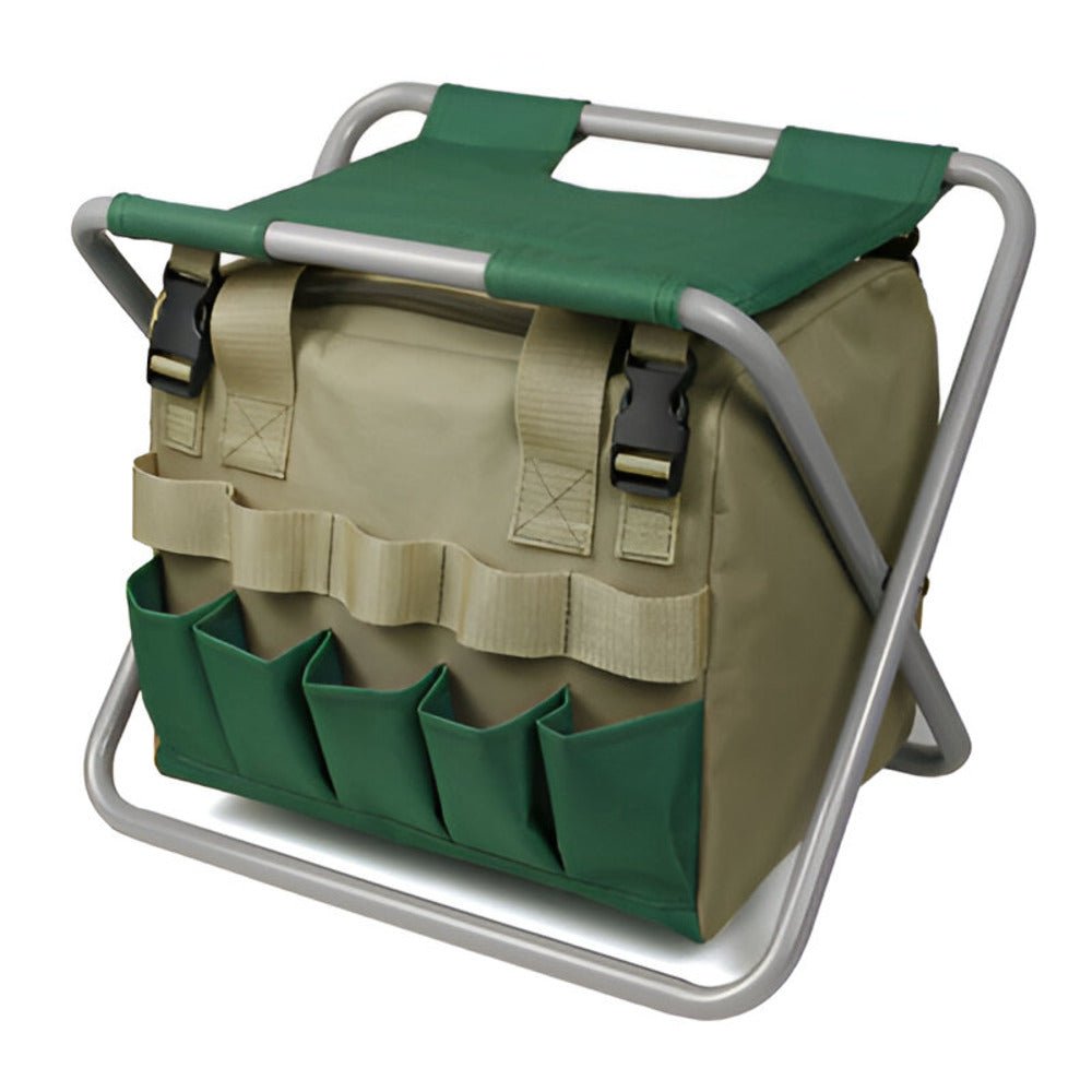 Kompaktes faltbares Gartengeräte-Set mit Hocker & Tasche, einfach zu transportieren für mobile Gartenarbeit.
