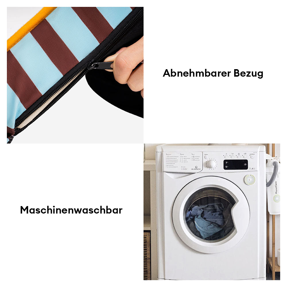 Gestreiftes Hundebett, zusammengefaltet für platzsparende Aufbewahrung. Wasserabweisend & bequem.