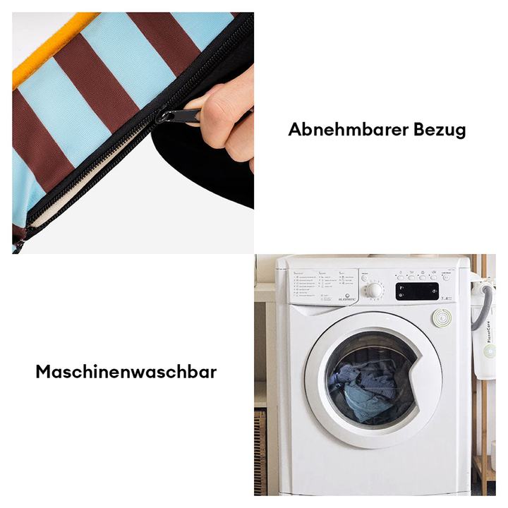 Gestreiftes Hundebett, zusammengefaltet für platzsparende Aufbewahrung. Wasserabweisend & bequem.