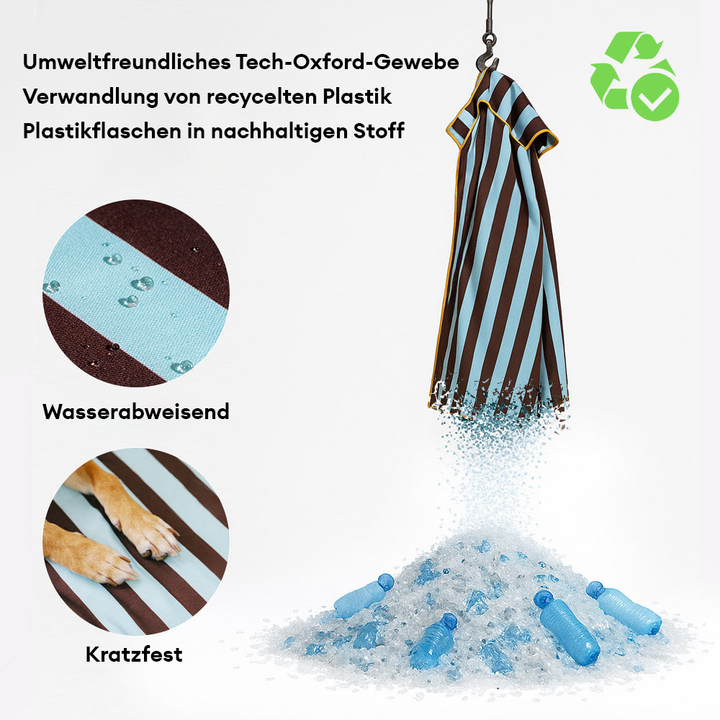 Gestreiftes Hundebett, faltbar und wasserabweisend. Bietet robusten, pflegeleichten Schlafplatz.