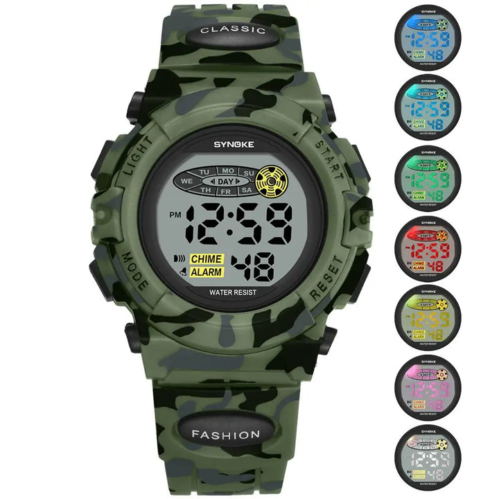 Detailansicht der digitalen Kinderuhr, farbenfrohes Design. Robuste, wasserdichte Freizeituhr für Kinder.