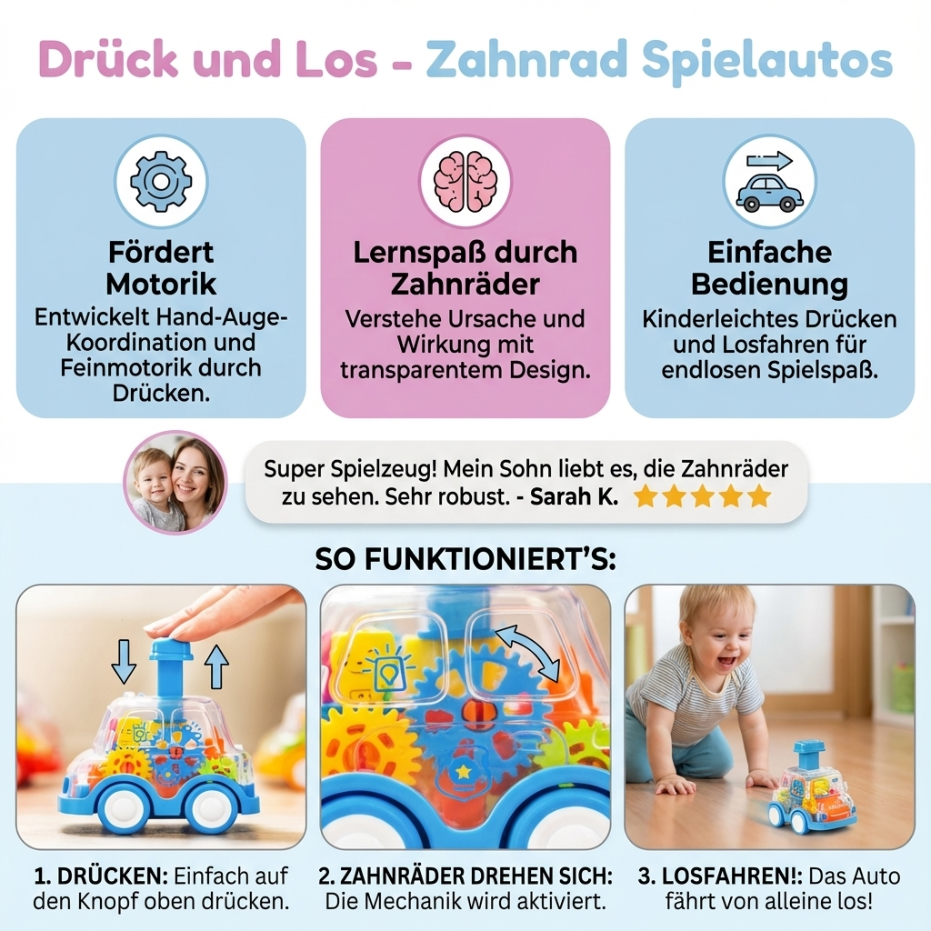 Pädagogisches Zahnrad Spielauto für Kinder, Drücken und Losfahren, Motorik & Greifen lernen, Vorschulspielzeug.