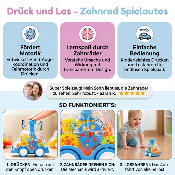 Pädagogisches Zahnrad Spielauto für Kinder, Drücken und Losfahren, Motorik & Greifen lernen, Vorschulspielzeug.