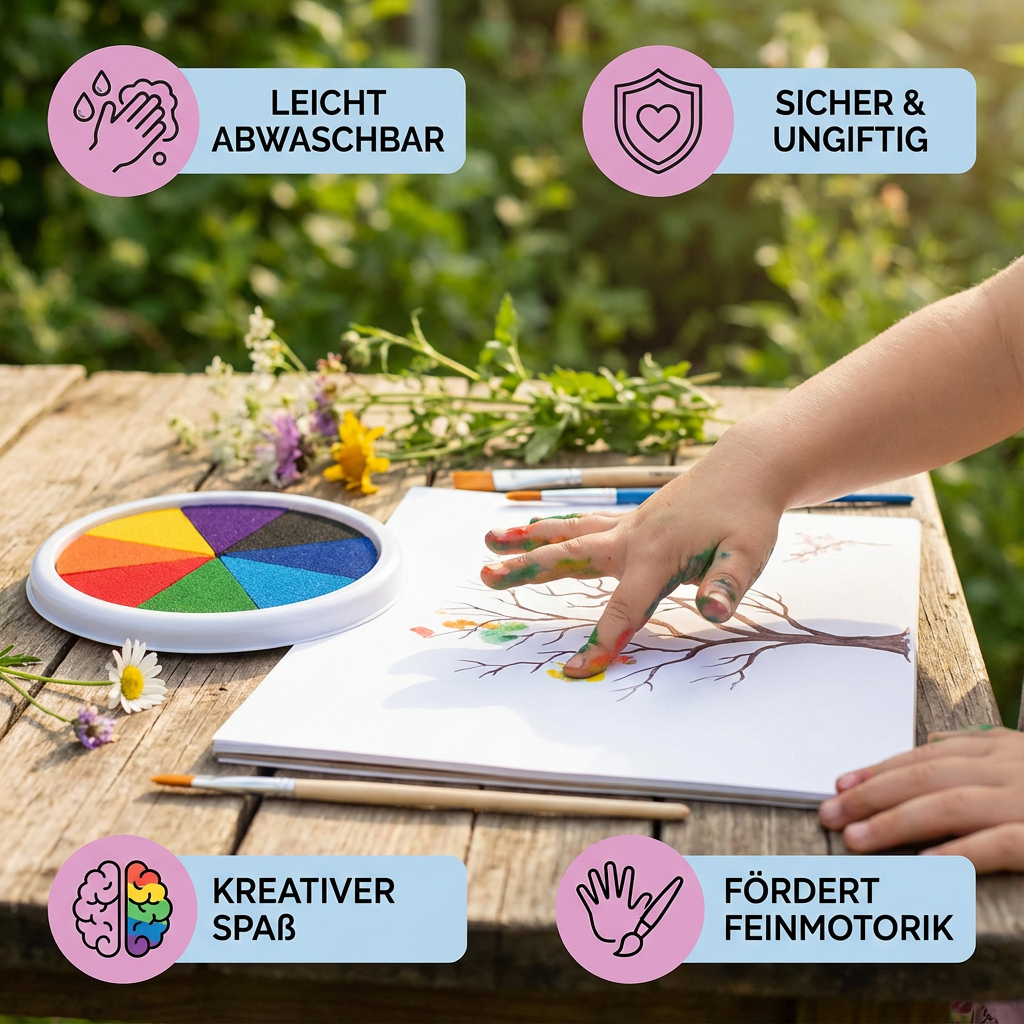Leuchtende, ungiftige Fingerfarben im Set für Kinder. Ideal zum Malen lernen, sicher und abwaschbar.