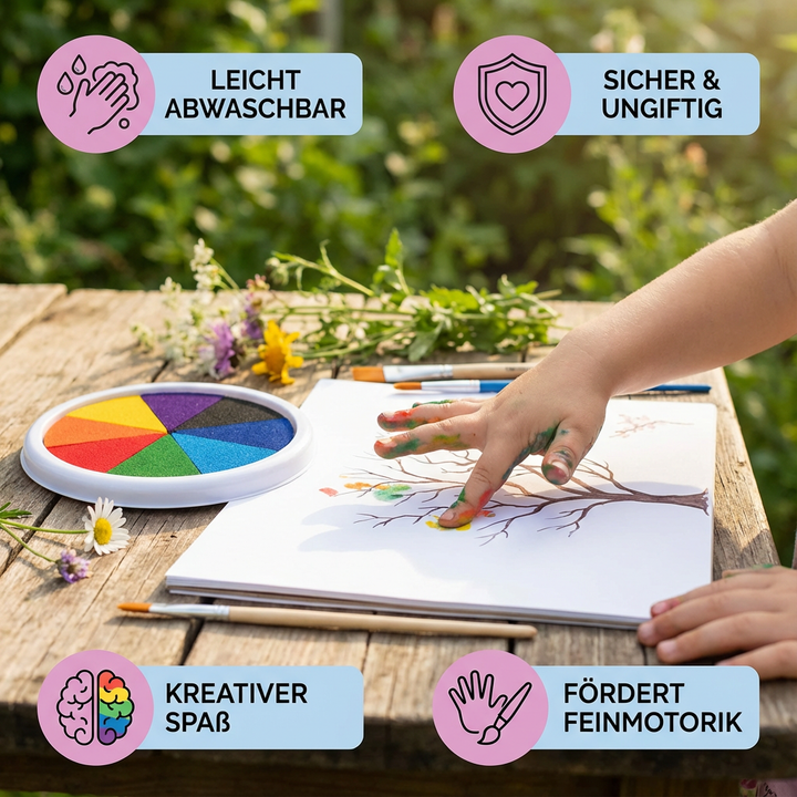 Leuchtende, ungiftige Fingerfarben im Set für Kinder. Ideal zum Malen lernen, sicher und abwaschbar.