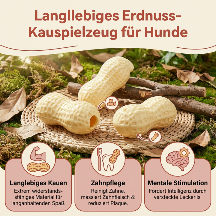 Robustes Erdnuss-Kauspielzeug für Hunde zur Zahnpflege. Aus strapazierfähigem Material, fördert saubere Zähne.