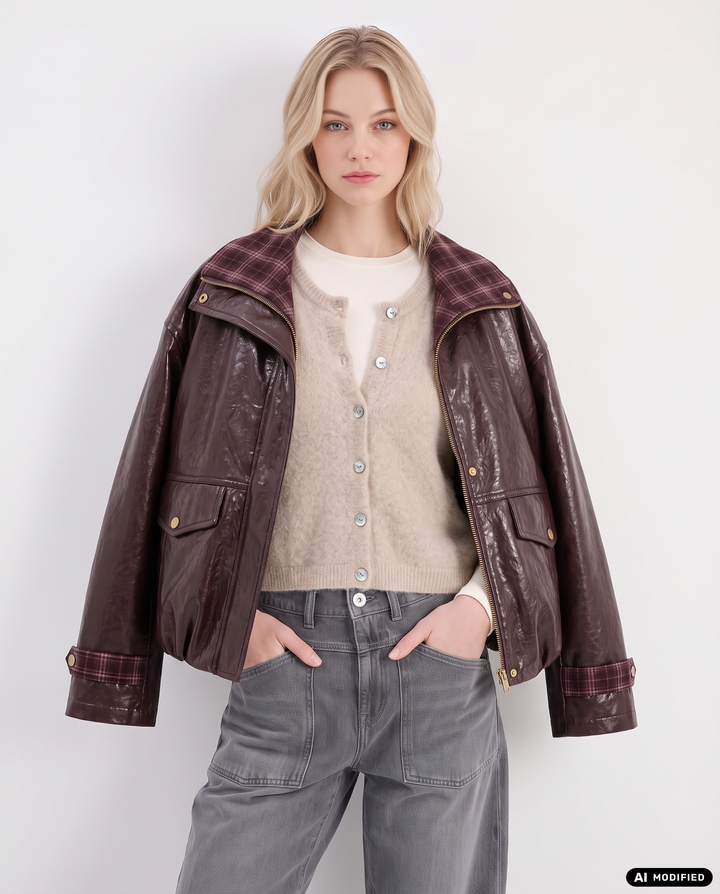 Stylische Damen Übergangsjacke mit Reißverschluss, Karokragen. Lässig & bequem für Freizeit und Alltag.