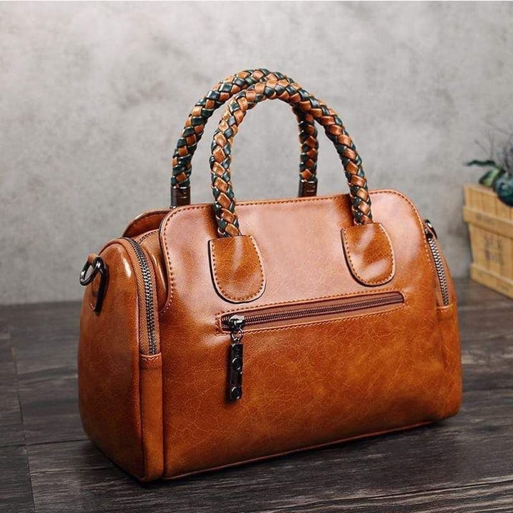 Vintage Damen Handtasche mit Doppelgriff, rotwein, geräumige Ledertasche.