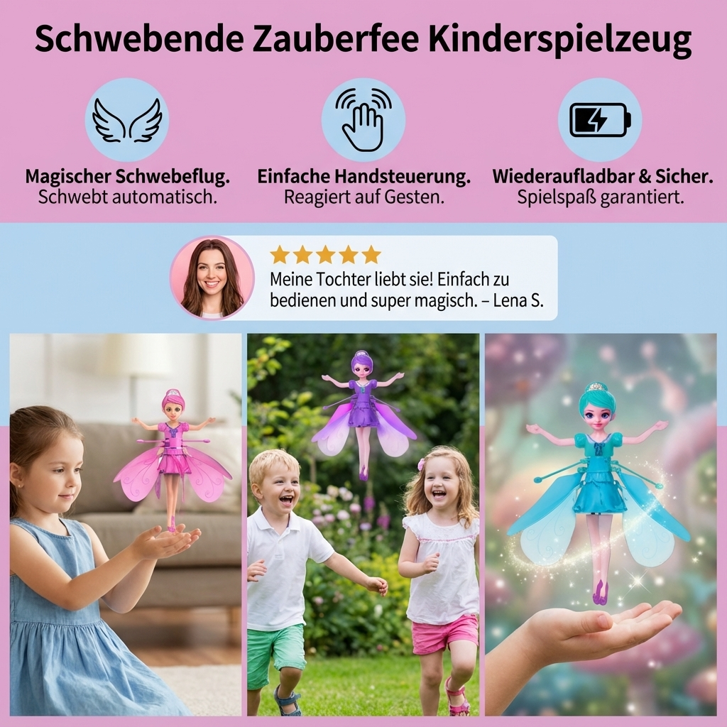Mädchen spielt mit schwebender Zauberfee, bunt leuchtendes elektrisches Kinderspielzeug für Fantasie-Flug.