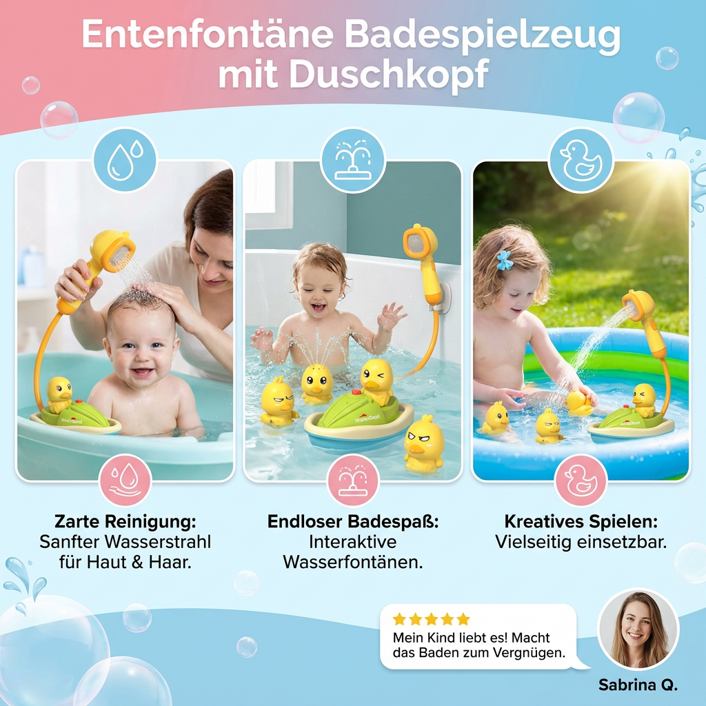 Pädagogisches Entenfontäne Badespielzeug für Kleinkinder. Wasserspielzeug mit Duschkopf zur Motorikförderung.
