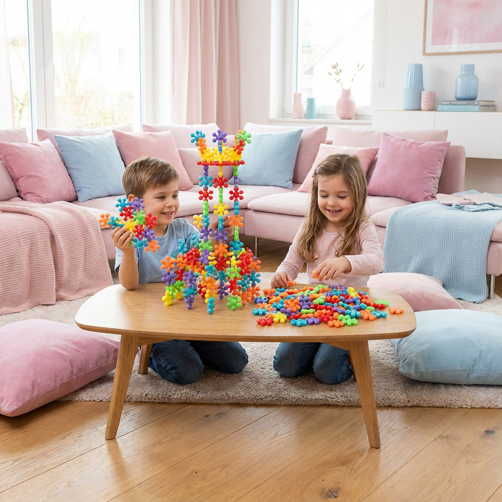 Bunte Schneeflocken Bausteine zum Konstruieren, ideal für kreativen Spielspaß & Feinmotorik bei Kindern.