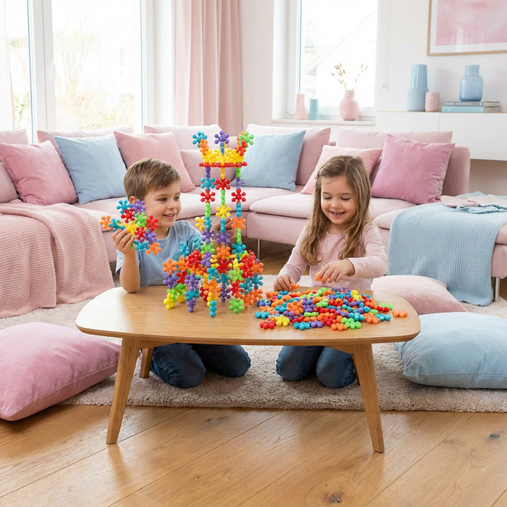Bunte Schneeflocken Bausteine zum Konstruieren, ideal für kreativen Spielspaß & Feinmotorik bei Kindern.