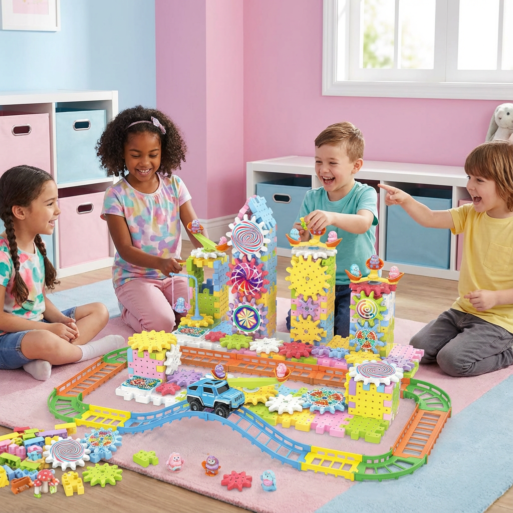 Rotierendes Montessori Zahnrad-Baustein Spielzeug für Kinder zur Förderung von Feinmotorik und Logik.