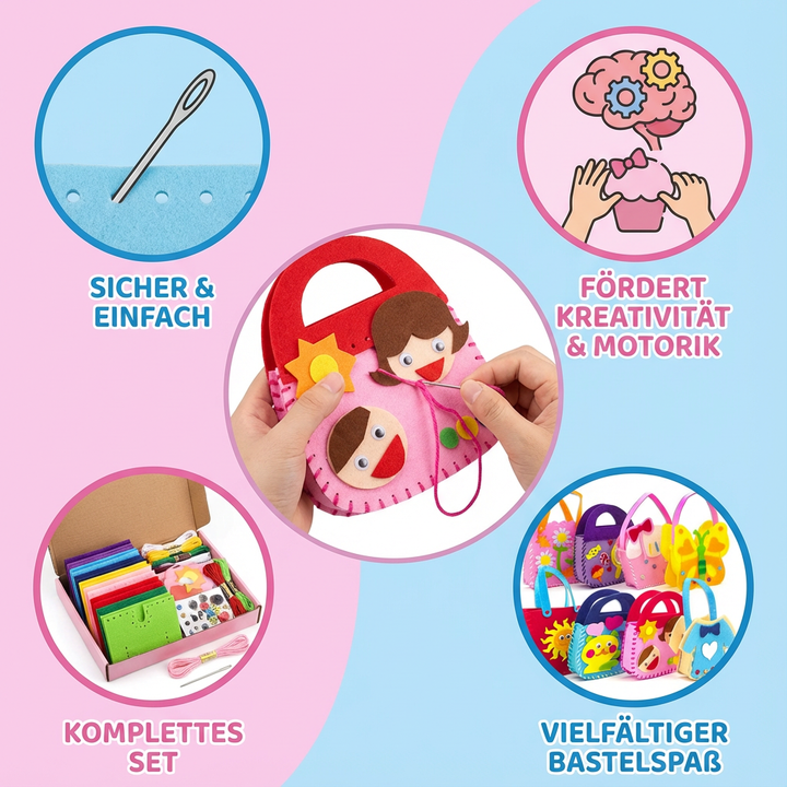 Lernspielzeug Filztaschen Bastelset für Nähanfänger. Sicheres DIY-Set für Kinder fördert Feinmotorik & Kreativität.