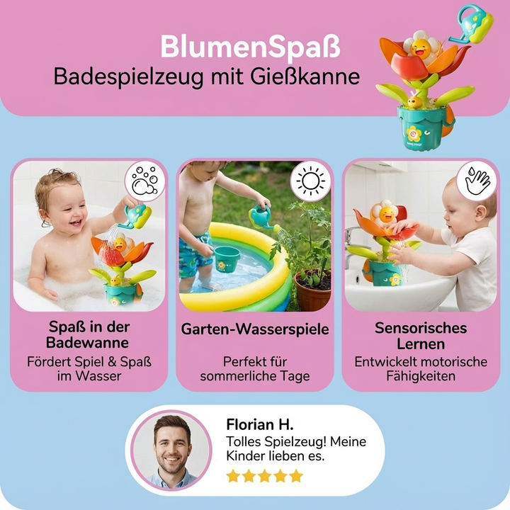 Detailansicht des Kinder Badespielzeug Sets: Gießkanne füllt bunte Blumen für stundenlangen Spielspaß in der Badewanne.