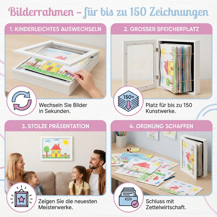 Hochwertiger Holz-Bilderrahmen für Kinderkunst-Meisterwerke. Sichere und dekorative Aufbewahrung für Zeichnungen.