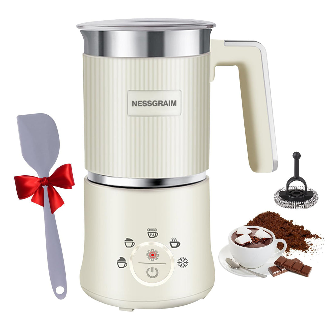 Elektrischer 5-in-1 Milchaufschäumer aus Edelstahl für perfekten cremigen Milchschaum für Kaffee & Kakao.