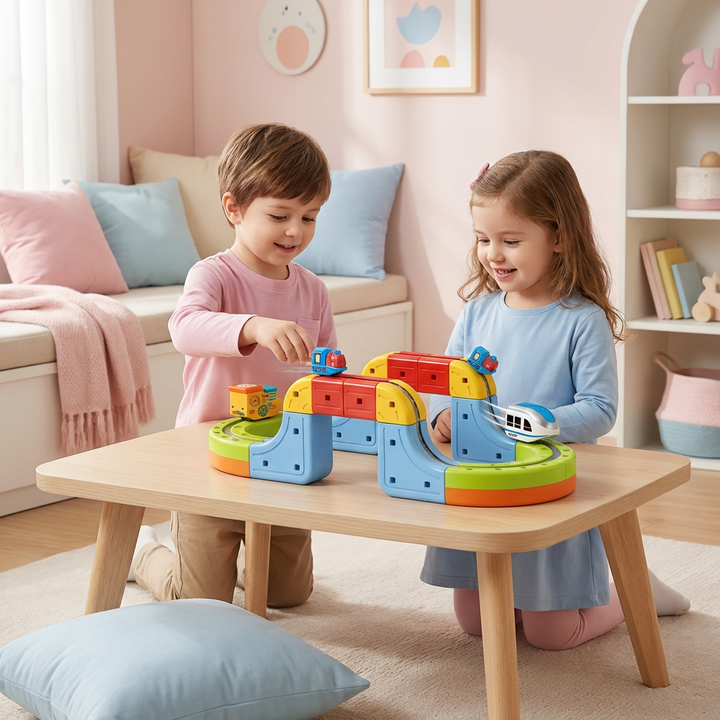 Kinder bauen und spielen mit der interaktiven magnetischen Würfel Schienenbahn. Kreatives Spielzeug für endlosen Spaß.