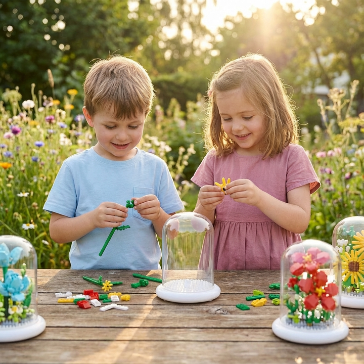 Kreatives DIY-Set: Baustein Blume im Glas zum Basteln einer einzigartigen Dekoration.