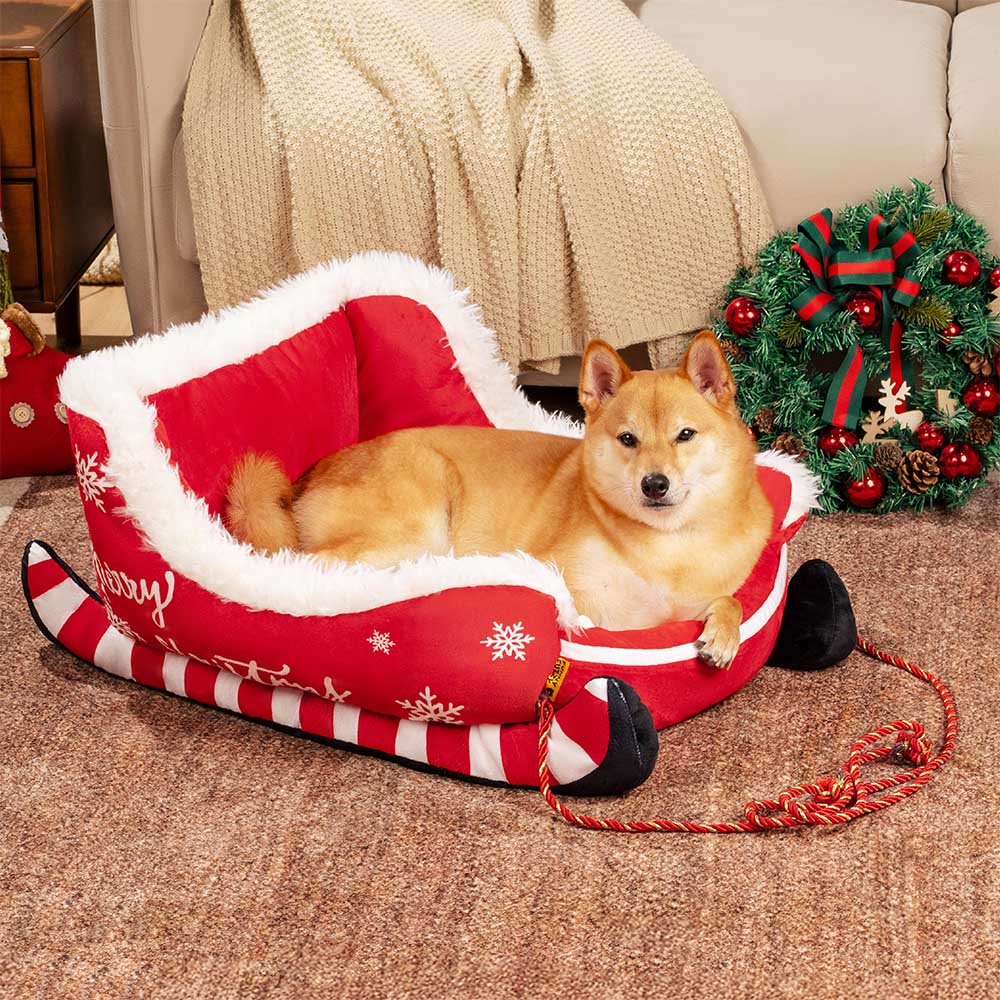 Festliches Plüsch-Hundebett im Weihnachtsschlitten-Design, rot/braun, für gemütliche Wintertage.