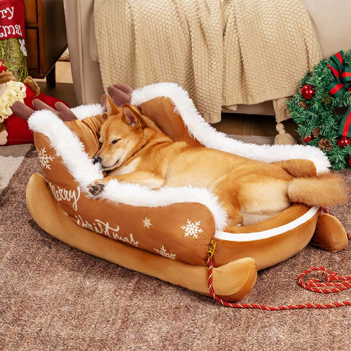 Premium Plüsch-Hundebett für festliche Wintertage, als Weihnachtsschlitten designt, sehr gemütlich.