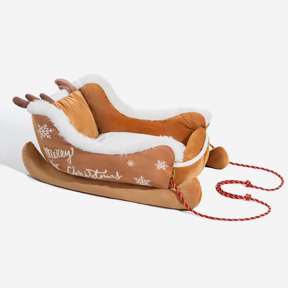 Gemütliches Plüsch-Hundebett in Schlittenform, perfekt für die Weihnachtszeit und winterliche Entspannung.
