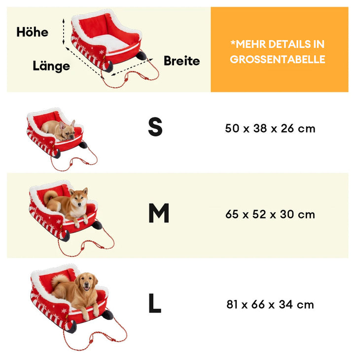 Weihnachtliches Plüsch-Hundebett in Schlittenform, ein gemütlicher und festlicher Schlafplatz für Hunde.