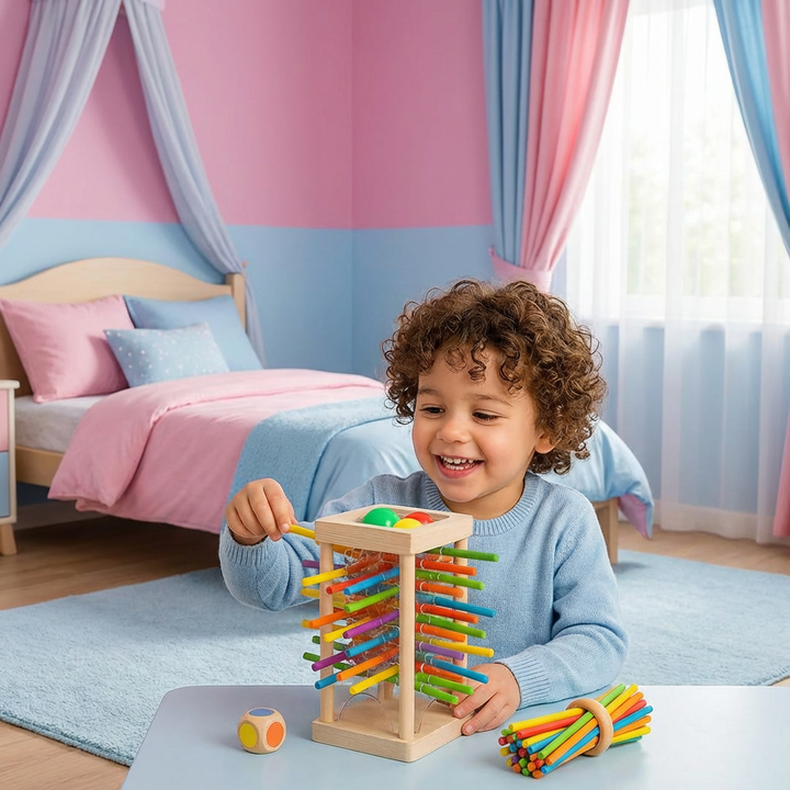 3in1 Holzspiel für Kinder: Stapelturm, Würfelspiel & Balance-Spiel. Fördert Feinmotorik und Konzentration.