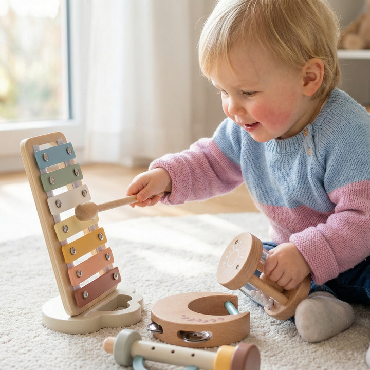 Babys erstes Klangspiel: Naturfarbenes Holzspielzeug Set, 6 verschiedene sensorische Instrumente entdecken.