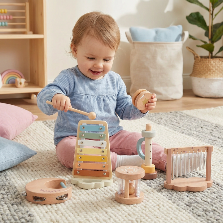 Baby Holz-Klangspiel Set: 6-teiliges sensorisches Musikspielzeug für Babys. Frühkindliche Förderung & Motorik.