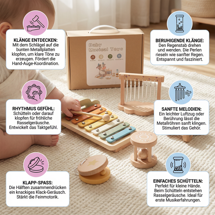 Musikspielzeug Baby: Sechsteiliges Holzspielzeug Set mit verschiedenen Klanginstrumenten für Babys.