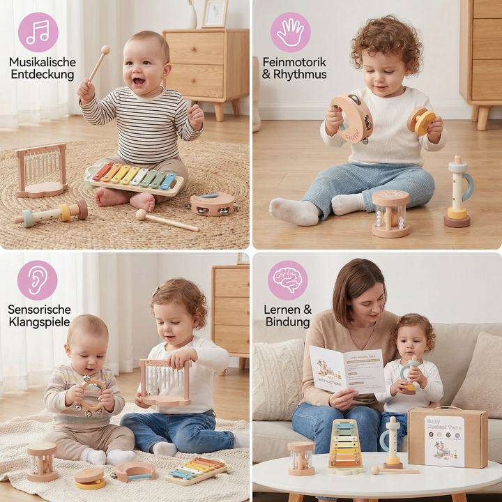 Frühkindliche Förderung: Baby Holz-Klangspiel als Motorikspielzeug, 6-teilig, für sensorische Entwicklung.