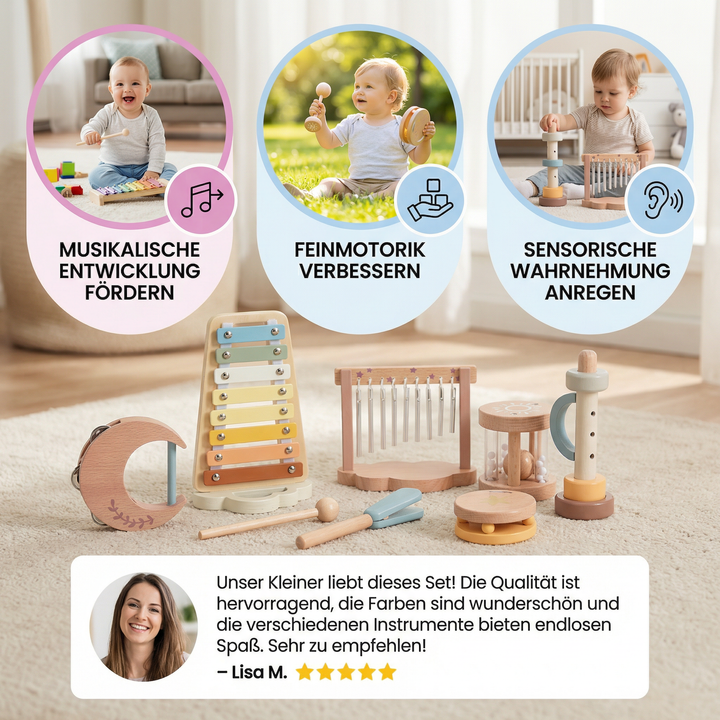 Greifling & Rassel Set: Natürliches Holzspielzeug für Babys, ideal zur Motorikförderung und zum Greifen.