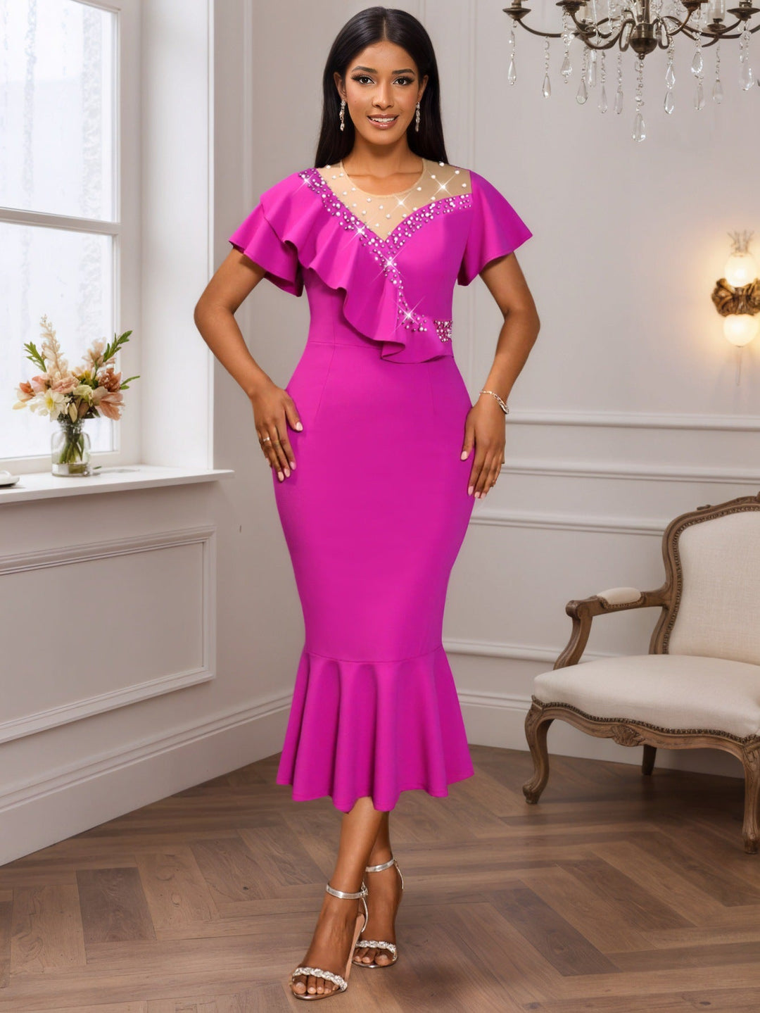 Magenta Abendkleid, figurbetontes Maxikleid Damen mit Wasserfallausschnitt & eleganten Rüschen für Gala-Events.